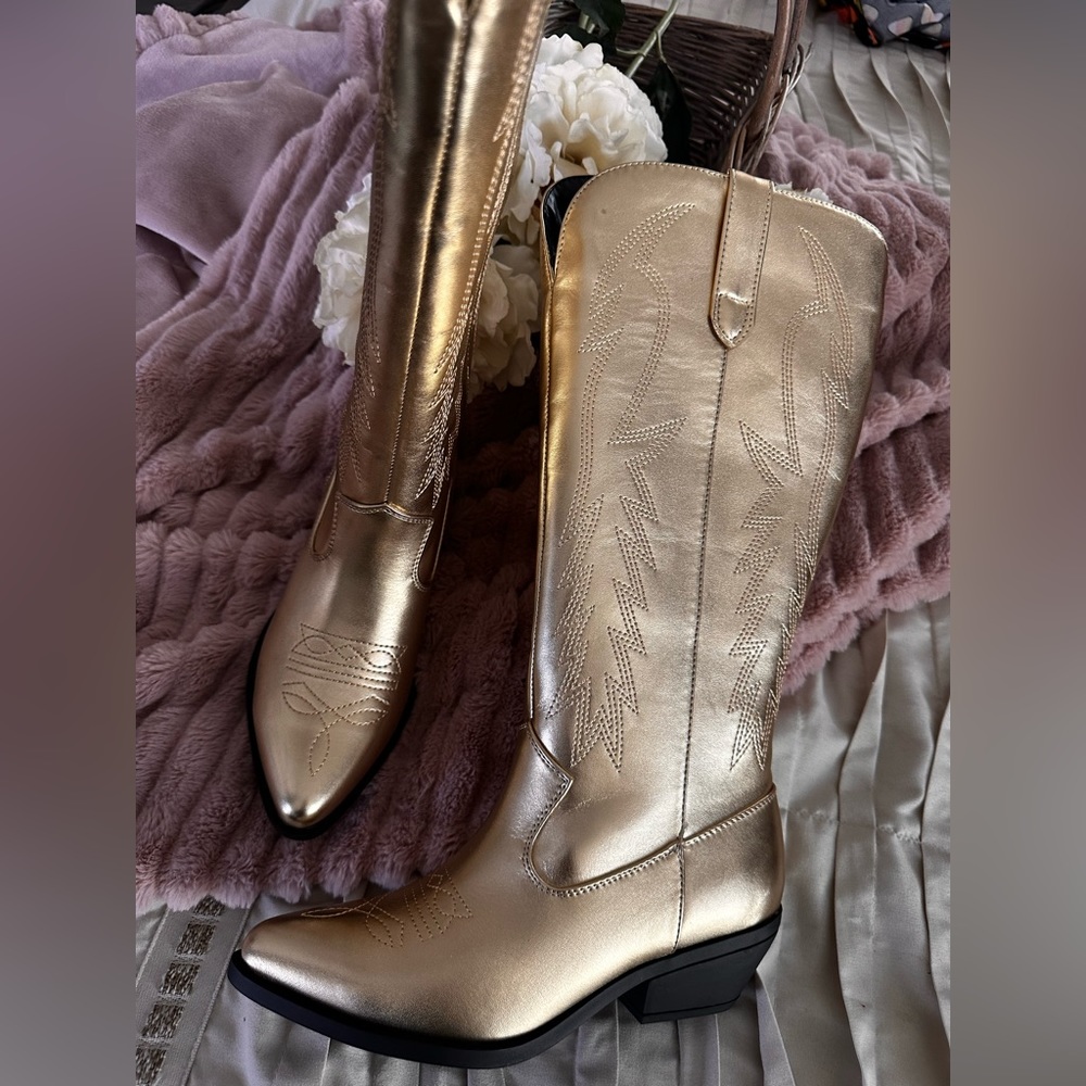 Gold Metallic Tall Cowgirl Boots, Size 6